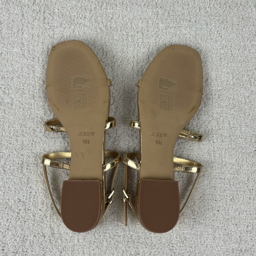 J. Crew Factory Sandals Womens 10.5 Gold Ankle‎ Strap Open Toe Buckle Flats - Picture 8 of 13
